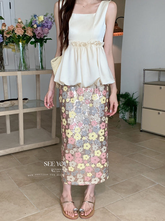Sequined floral straight maxi skirt