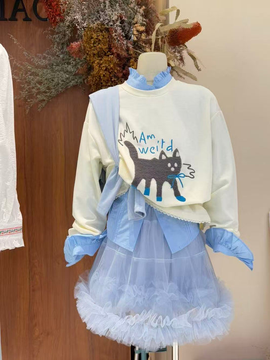 Sweet and cute all-match solid color splicing mesh lace tutu skirt