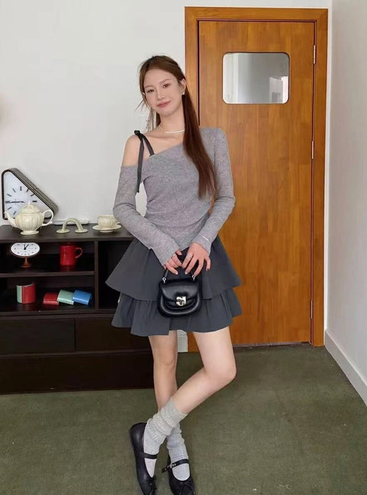 Ballet style two-piece set with a suspender skirt inside and a shoulder-baring blouse outside