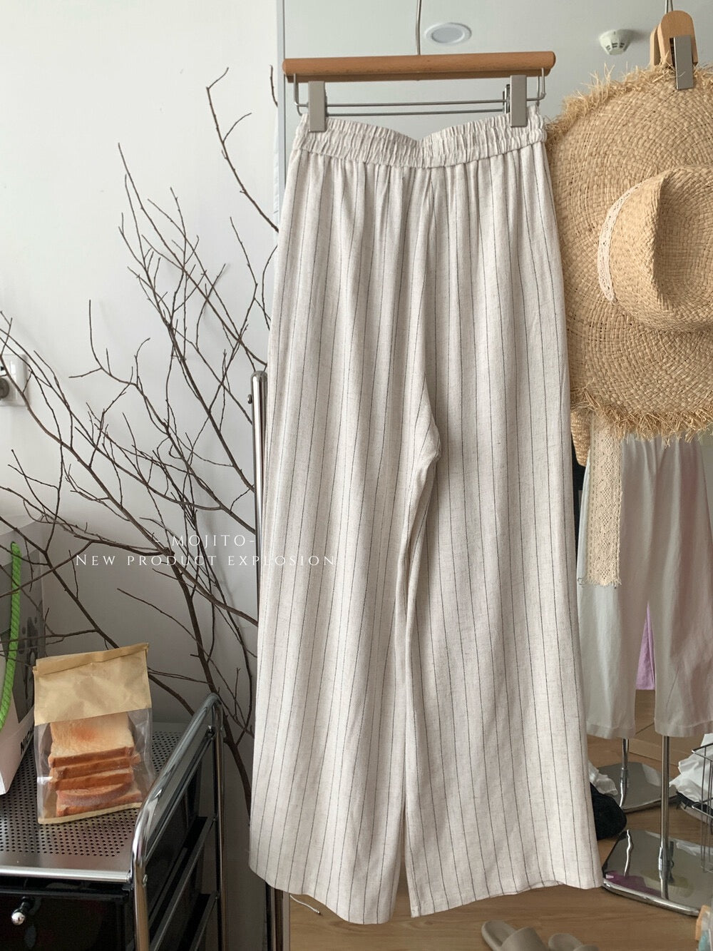 Cotton and linen vertical striped high-waisted elastic waist wide-leg pants