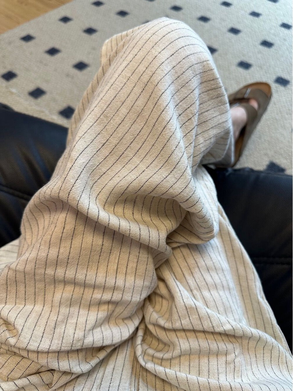Cotton and linen vertical striped high-waisted elastic waist wide-leg pants