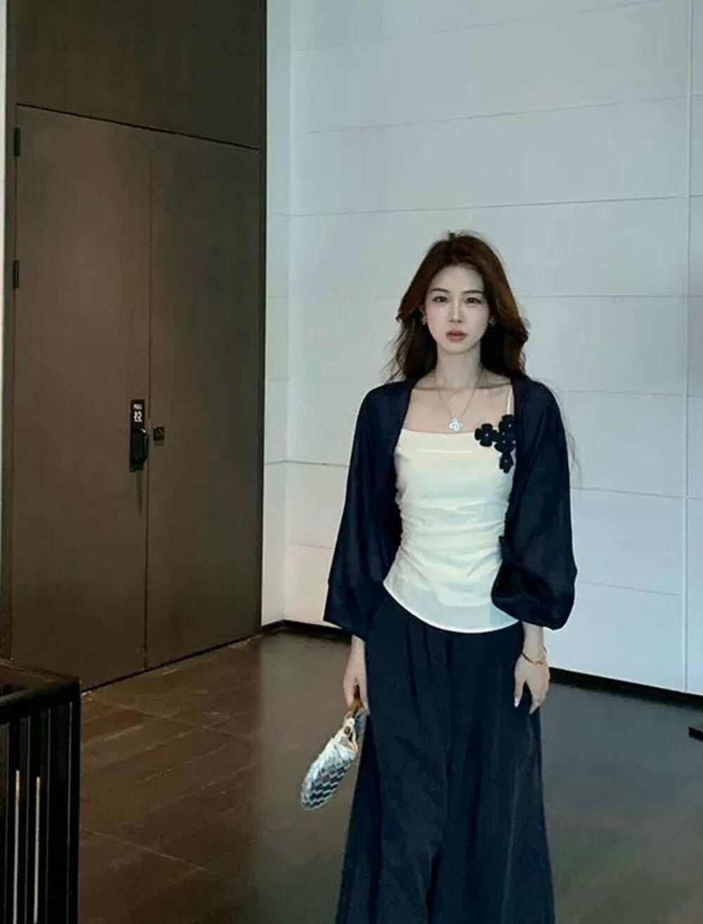 Flower Camisole + Elastic Waist Wide-Leg Pants + Navy Blue Cardigan Set