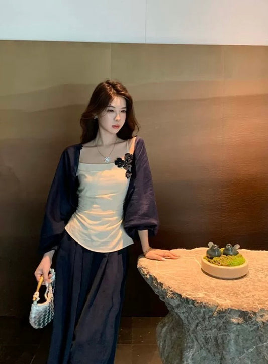 Flower Camisole + Elastic Waist Wide-Leg Pants + Navy Blue Cardigan Set