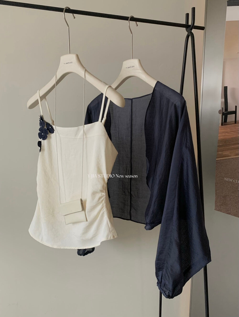 Flower Camisole + Elastic Waist Wide-Leg Pants + Navy Blue Cardigan Set
