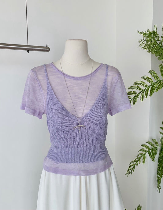 Korean round neck short-sleeved T-shirt + sweet layered slim knitted camisole set