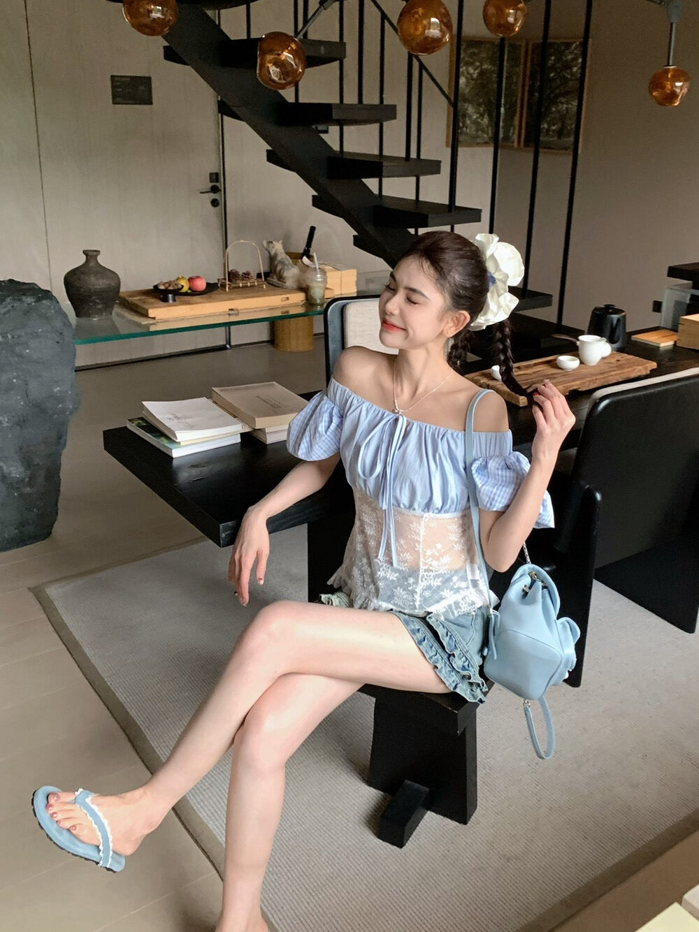 Lace patchwork off-the-shoulder top