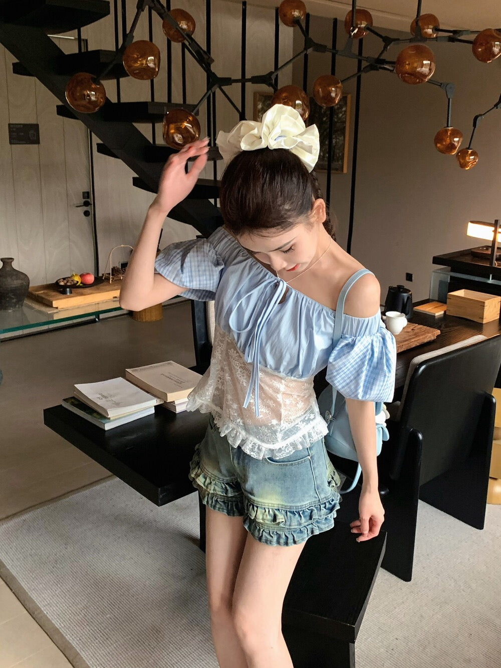 Lace patchwork off-the-shoulder top