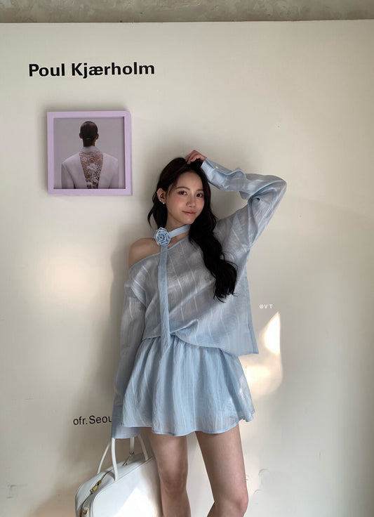 Vertical striped blue loose-fitting top + shorts set