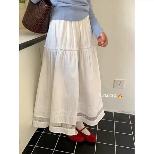 Pure white lace patchwork long dress